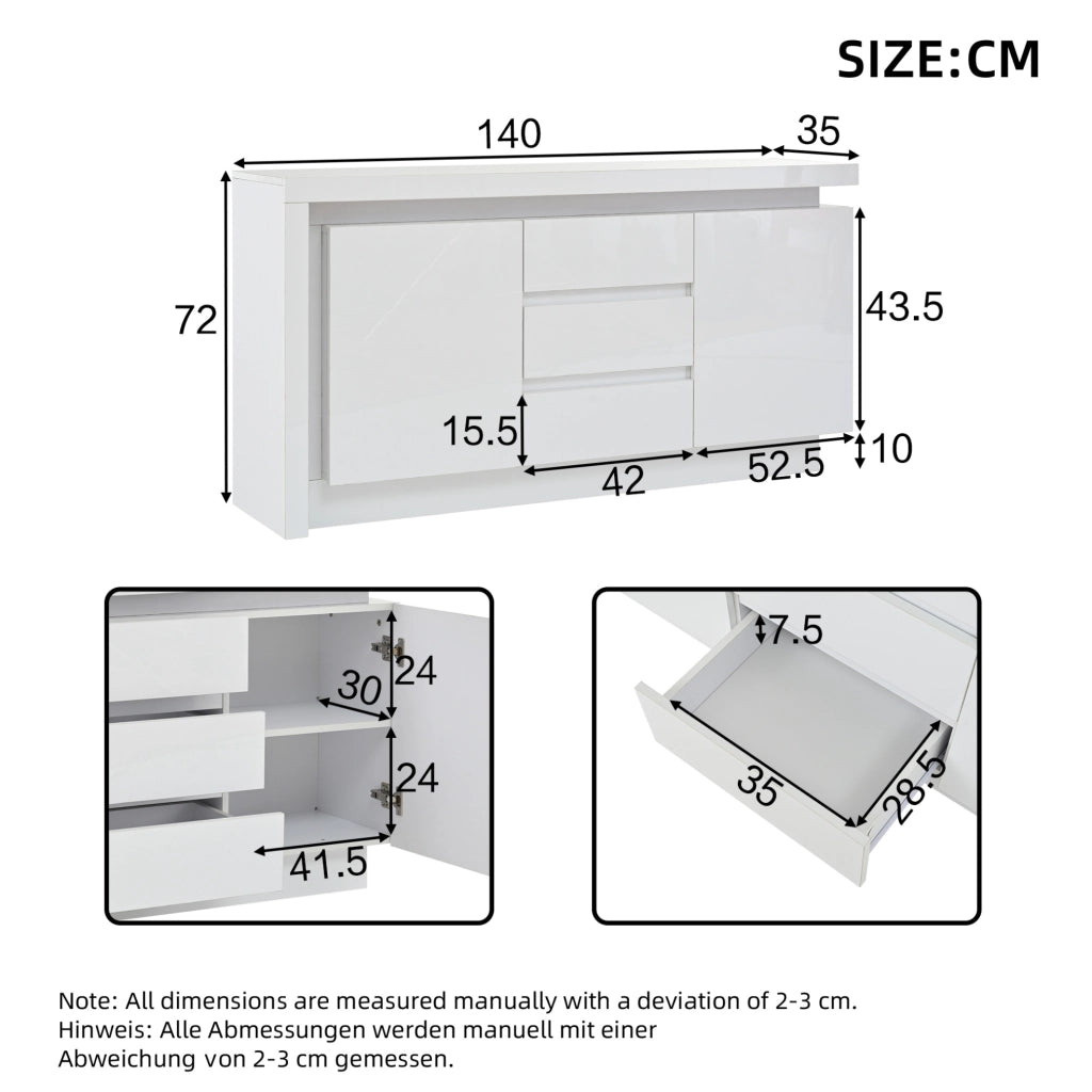 Credenza 140x35x72 cm con 3 cassetti; 2 ante e LED in truciolare bianco
