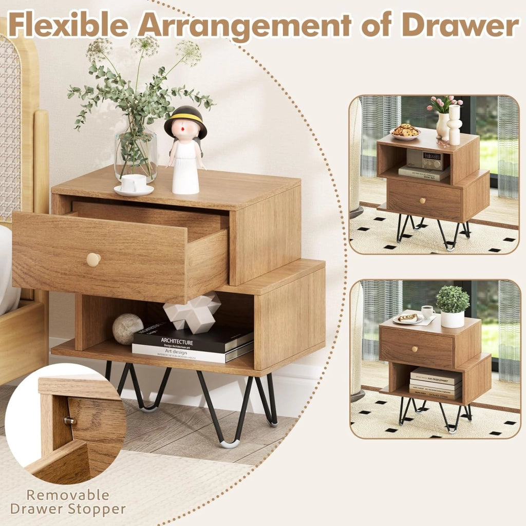 Set di 2 Comodini Camera da Letto con Scomparto e Cassetto, Comodini Piccoli in Legno, Armadietto da Ufficio, Tavolino Lato Moderno per Soggiorno, 39 x 29 x 47 cm (L x P x A) (Naturale)