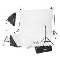 Set premium per studio fotografico incl. 2x treppiede lampada, 2x softbox LED 45 W bicolore e sfondo, potente illuminazione video per interno
