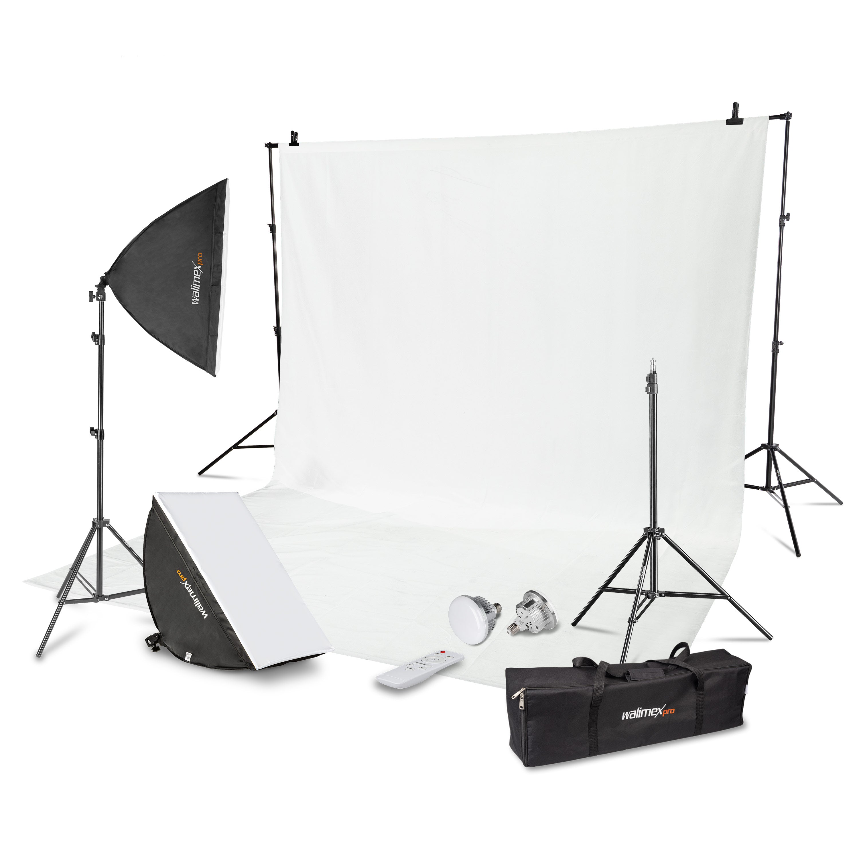 Set premium per studio fotografico incl. 2x treppiede lampada, 2x softbox LED 45 W bicolore e sfondo, potente illuminazione video per interno