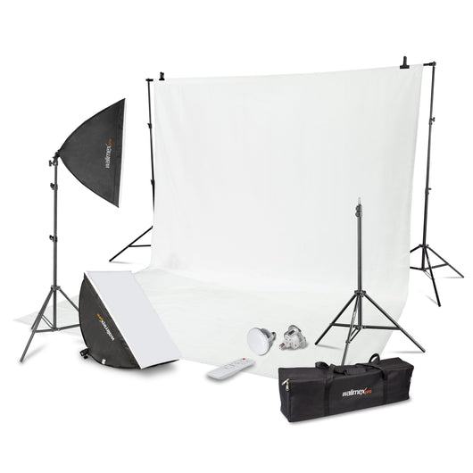 Set premium per studio fotografico incl. 2x treppiede lampada, 2x softbox LED 45 W bicolore e sfondo, potente illuminazione video per interno