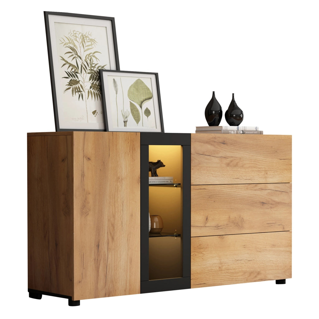 Credenza Moderna 140 cm Mobile Buffet Nero e Marrone con 3 Cassetti e Luci LED