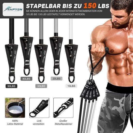 Set di cinture di resistenza con maniglie, 68 kg, 90 kg, 113 kg, 5 diverse densità, zaino portatile, per uso interno ed esterno