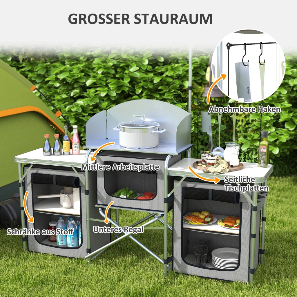 Cucina da campeggio pieghevole con vento scudo ¨C zephmum ¨C Grigio/Alluminio 172x48x130cm