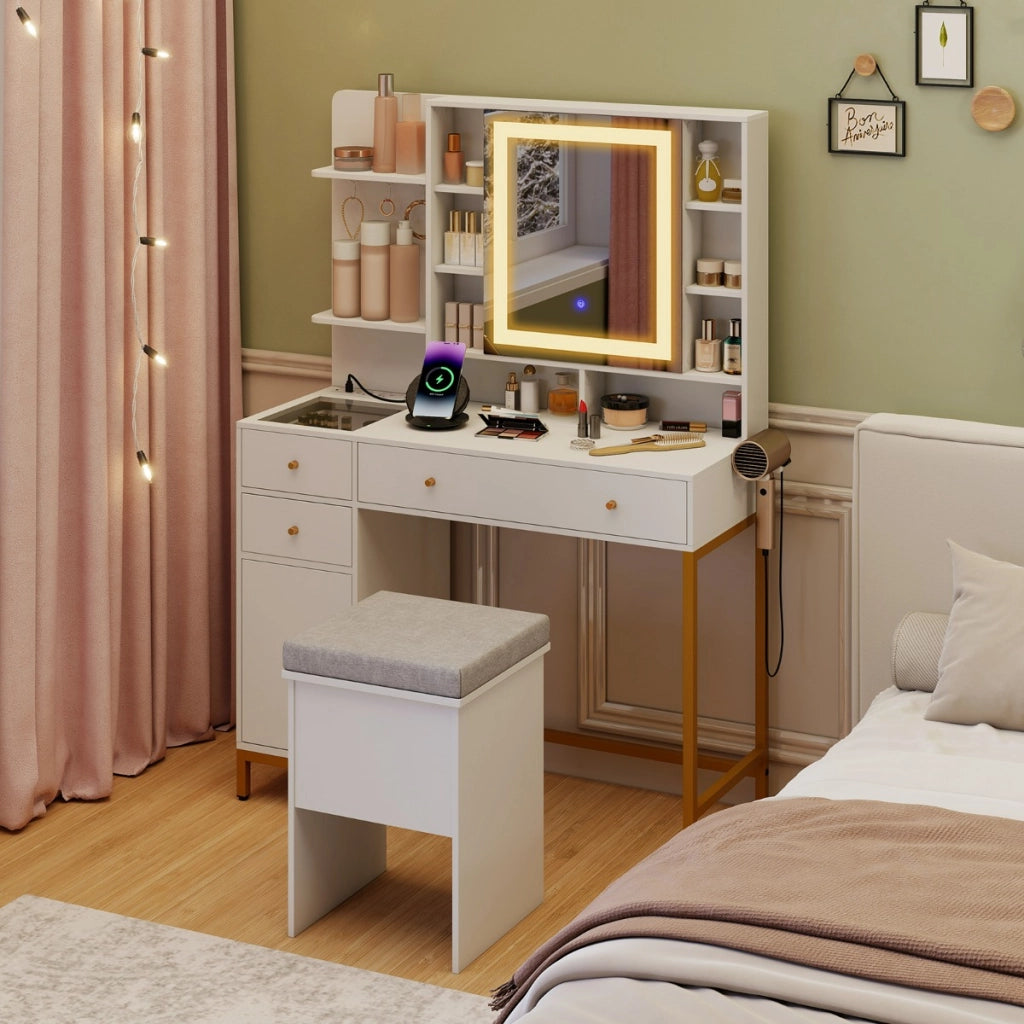 Tavolo da trucco con specchio e stazione di ricarica, Set tavolo e sgabello con piano in vetro trasparente Bianco-Tavoli da trucco
