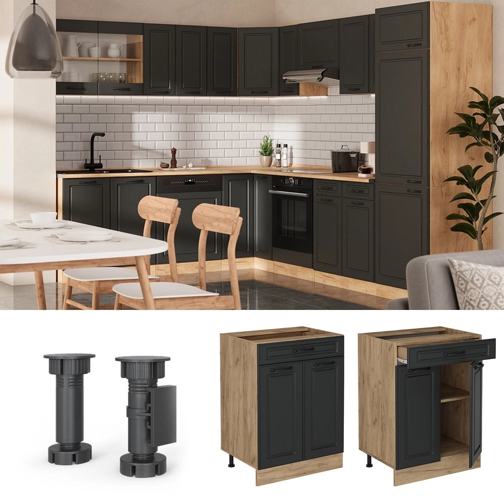 Mobiletto base per cucina R-Line Antracite rustico/Rovere dorato 60 cm con cassetto, PL Rovere Vicco