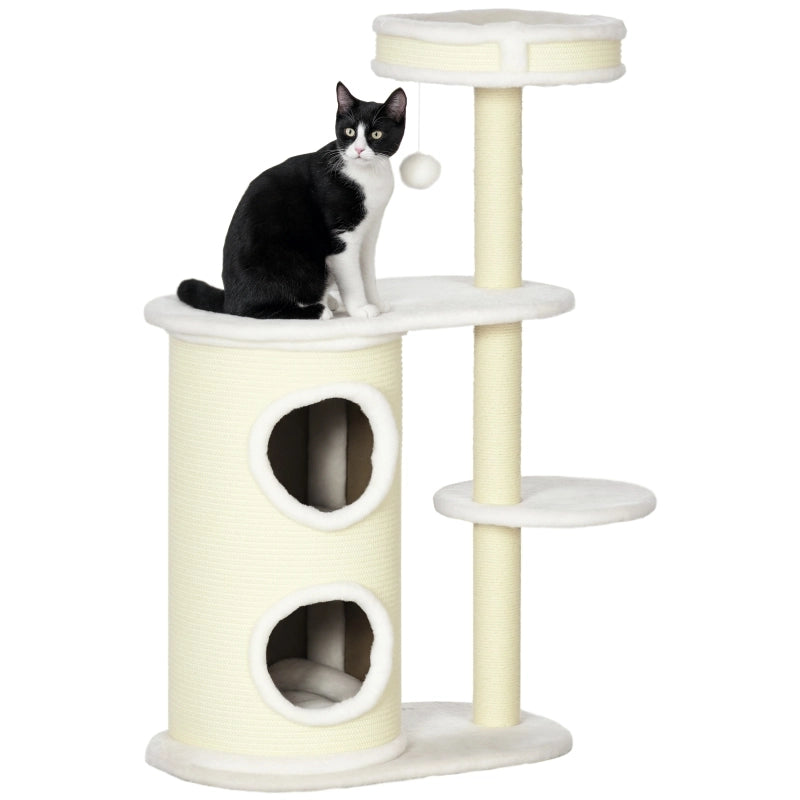 Albero tiragraffi per gatti con cuccia, gioco sospeso e rivestimento in peluche, 100 cm, crema