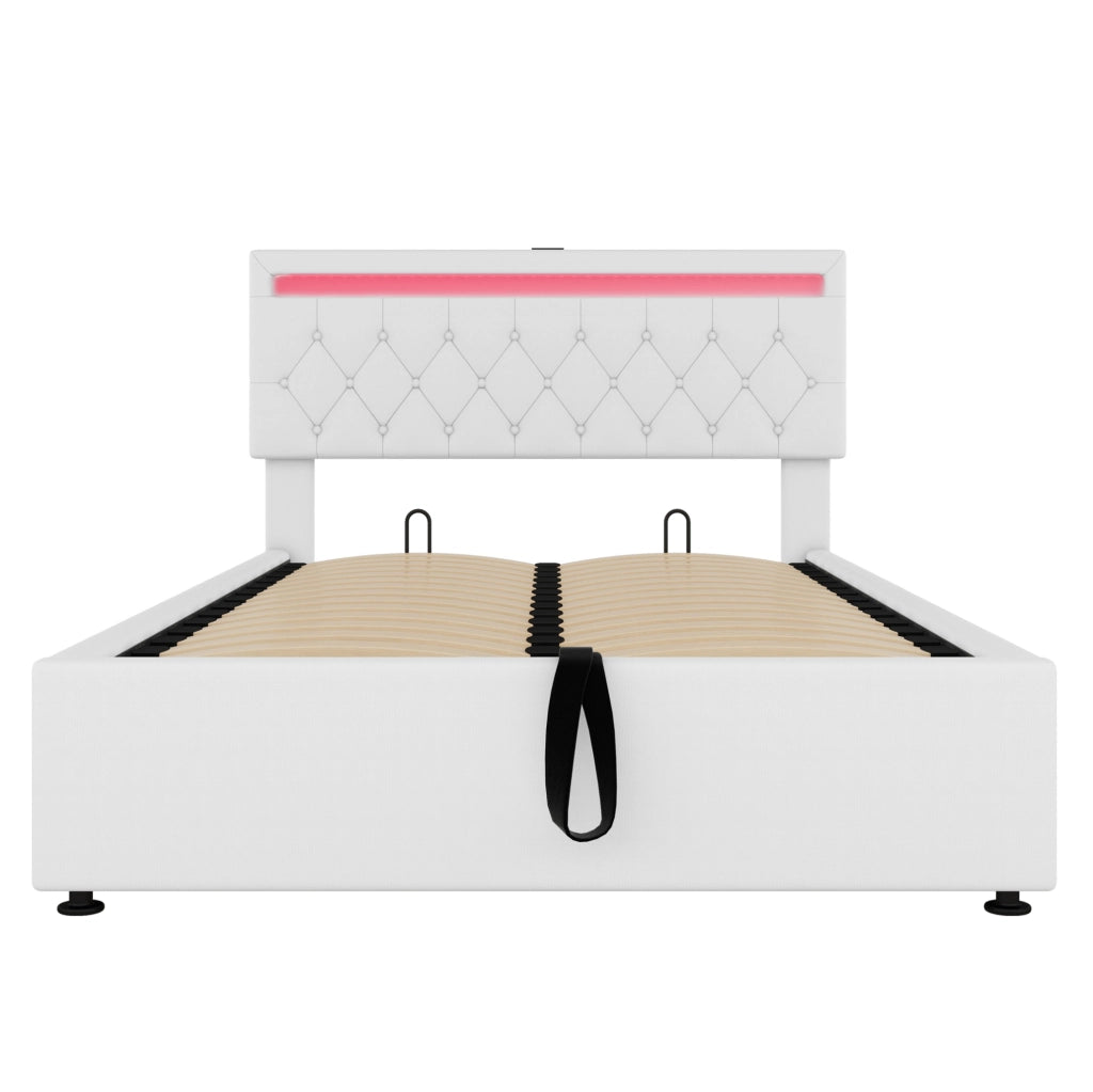 Letto imbottito ULEVR 140x200 cm con contenitore idraulico, LED multicolore, prese USB e USB-C, lino bianco