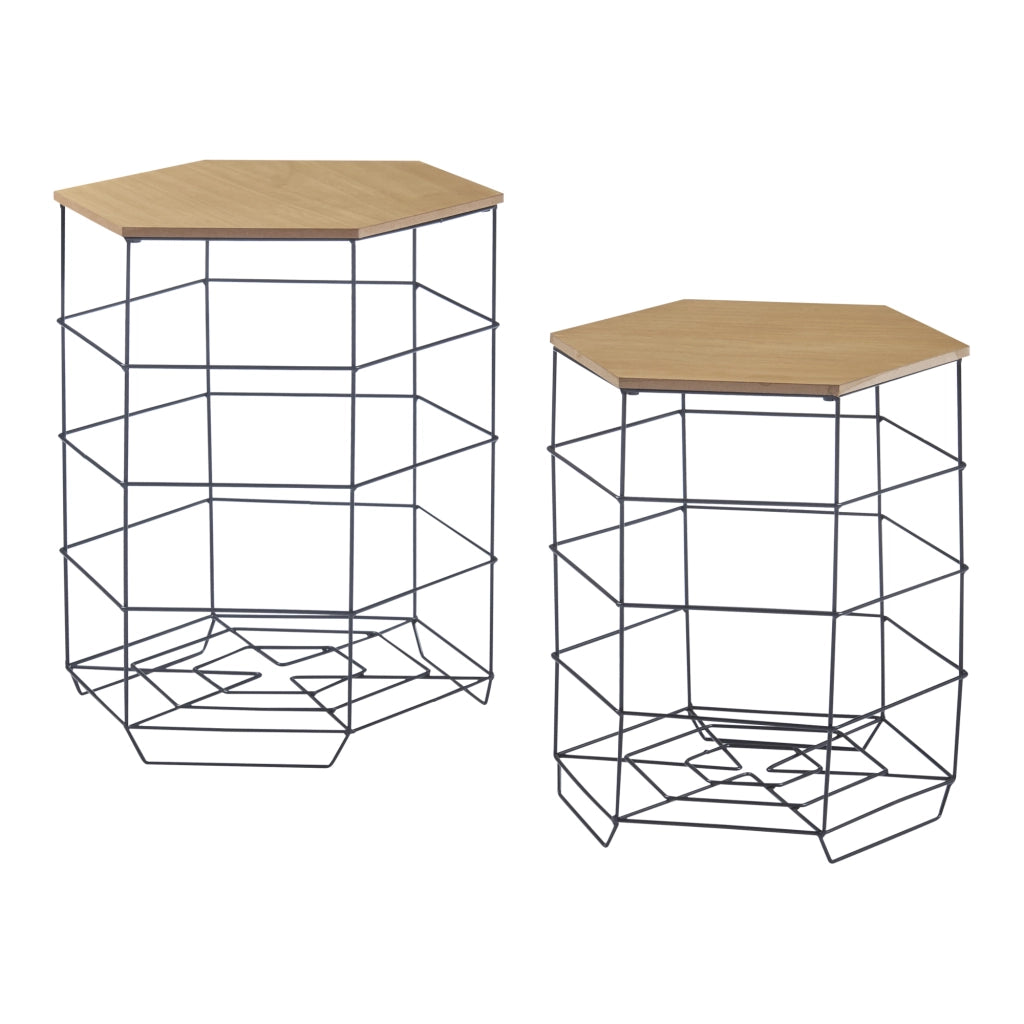 Set 'Hørsholm' da 2 Tavolini a Cestello in Misure Diverse 2 Tavolini Contenitori con Piano Esagonale Rimovibile Base in Metallo Nero Piano in Effetto Legno [en.casa]