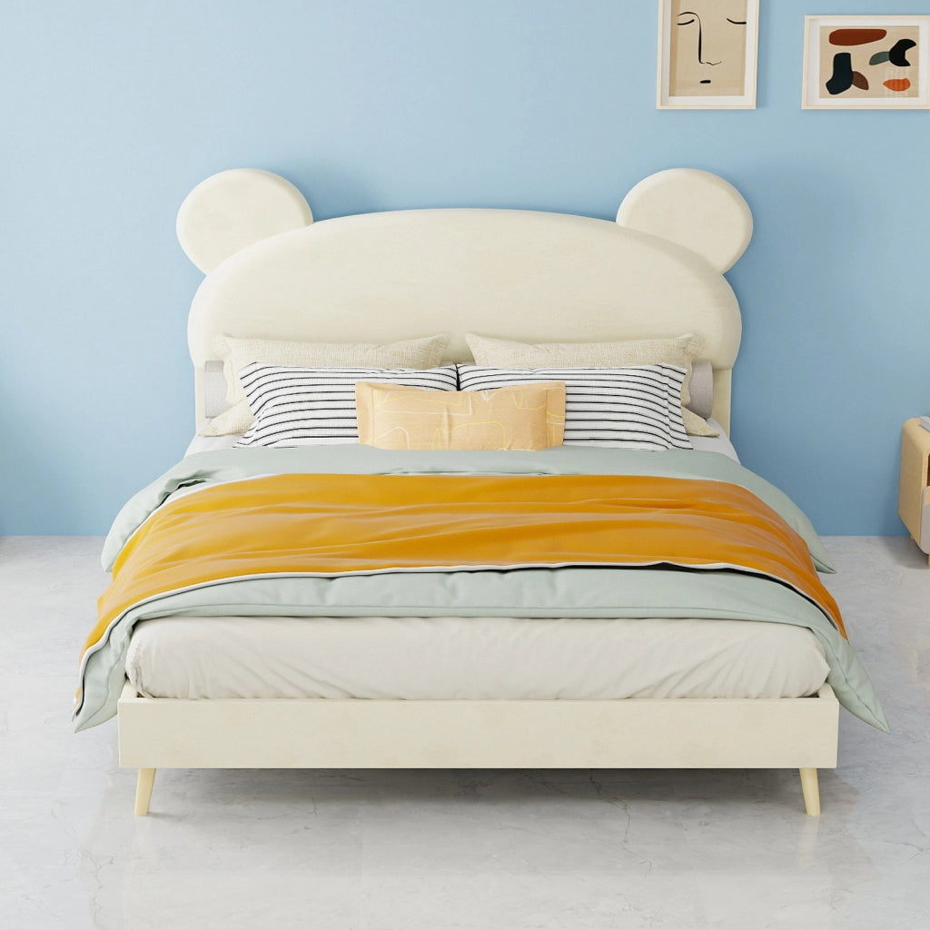 Letto per bambini imbottito 140x200 cm beige con testiera effetto peluche e materasso