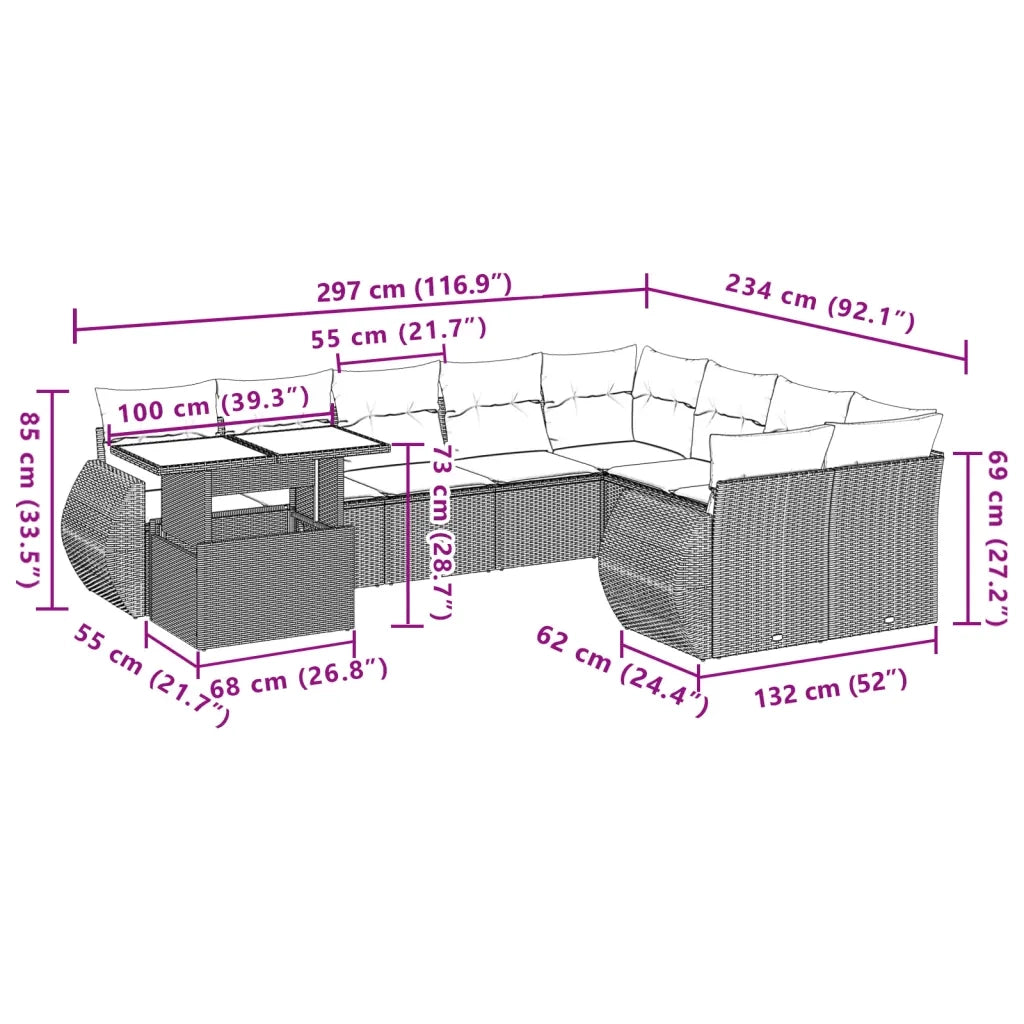 Set Divano da Giardino 10 pz con Cuscini Beige in Polyrattan 3268769
