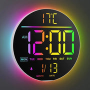 Orologio Digitale da Parete con Comando a Distanza, 10 Pollici, Schermo Circolare, 8 Colori RGB, Display LED Moderno, Illuminazione Adattativa, Orario Legale, Temperatura, sveglia per Sala, Camera da Letto, Cucina