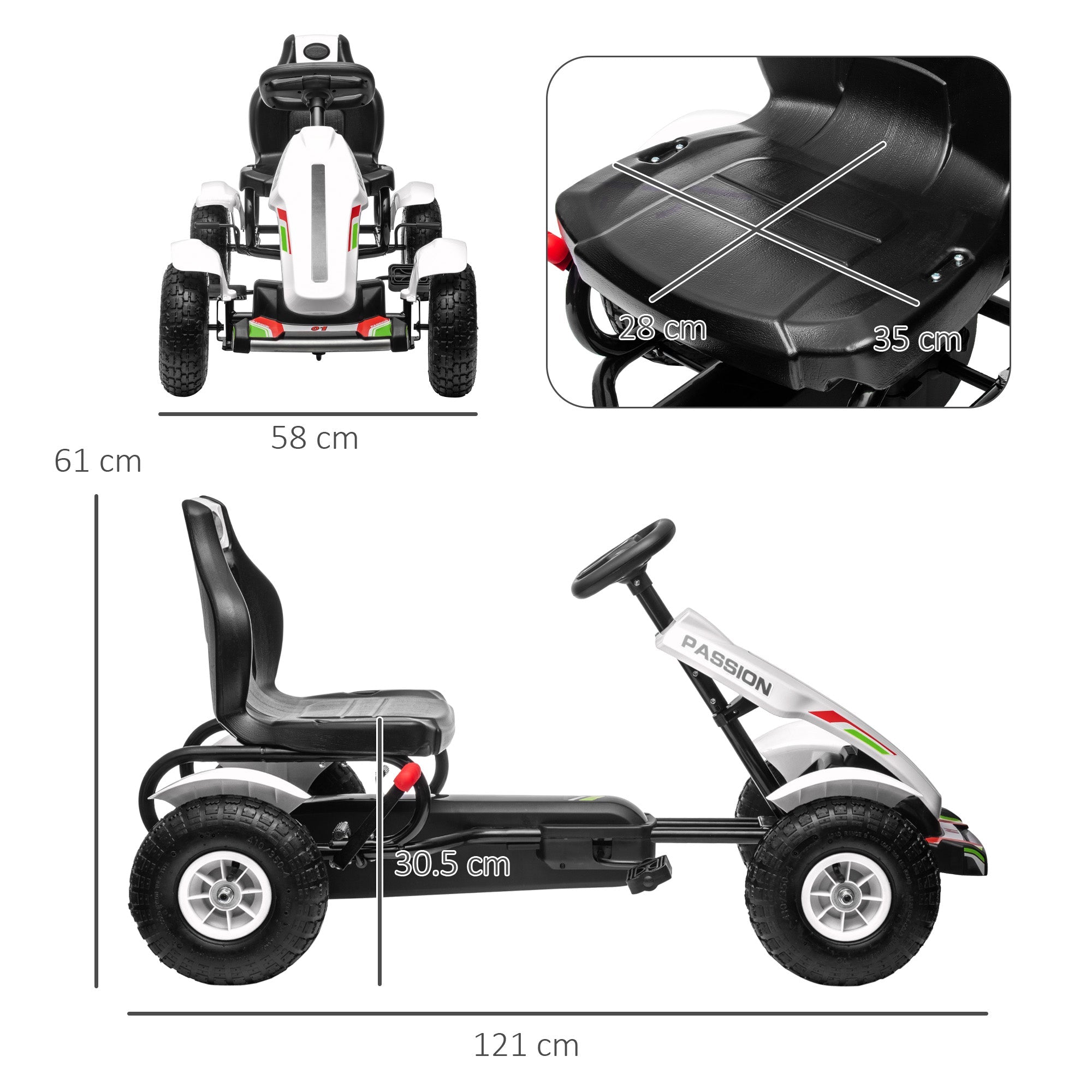 Go Kart a Pedali per Bambini 121x58x61 cm con Sedile Regolabile e Freno a Mano Bianca