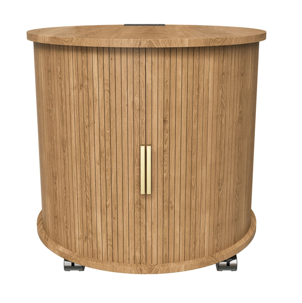Comodino rotondo con ricarica USB e presa, anta scorrevole, effetto rovere HAVRYA