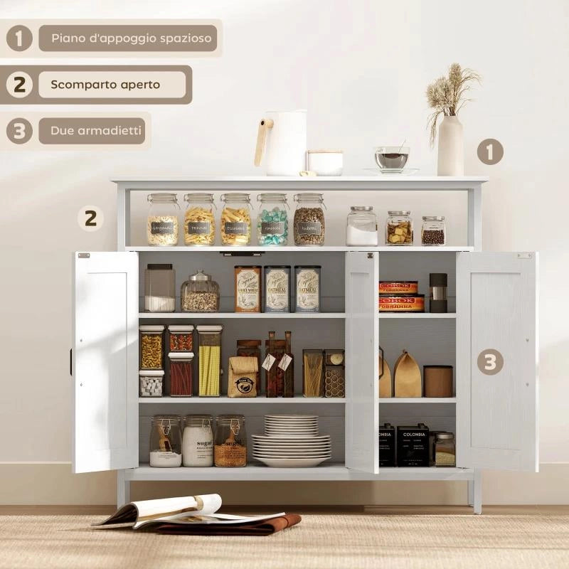 CREDENZA DA CUCINA CON RIPIANO APERTO E 2 ARMADIETTI, IN LEGNO E ACCIAIO, 100X35X88 CM, BIANCO