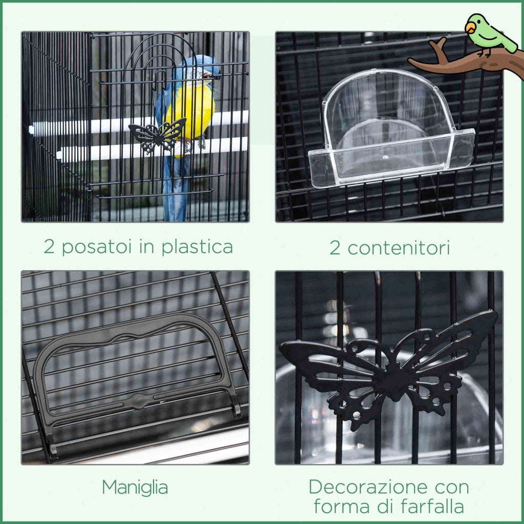 Gabbia per Uccelli con 2 Posatoi e 3 Ingressi in Filo Metallico e Plastica, 60x41x41 cm, Nero