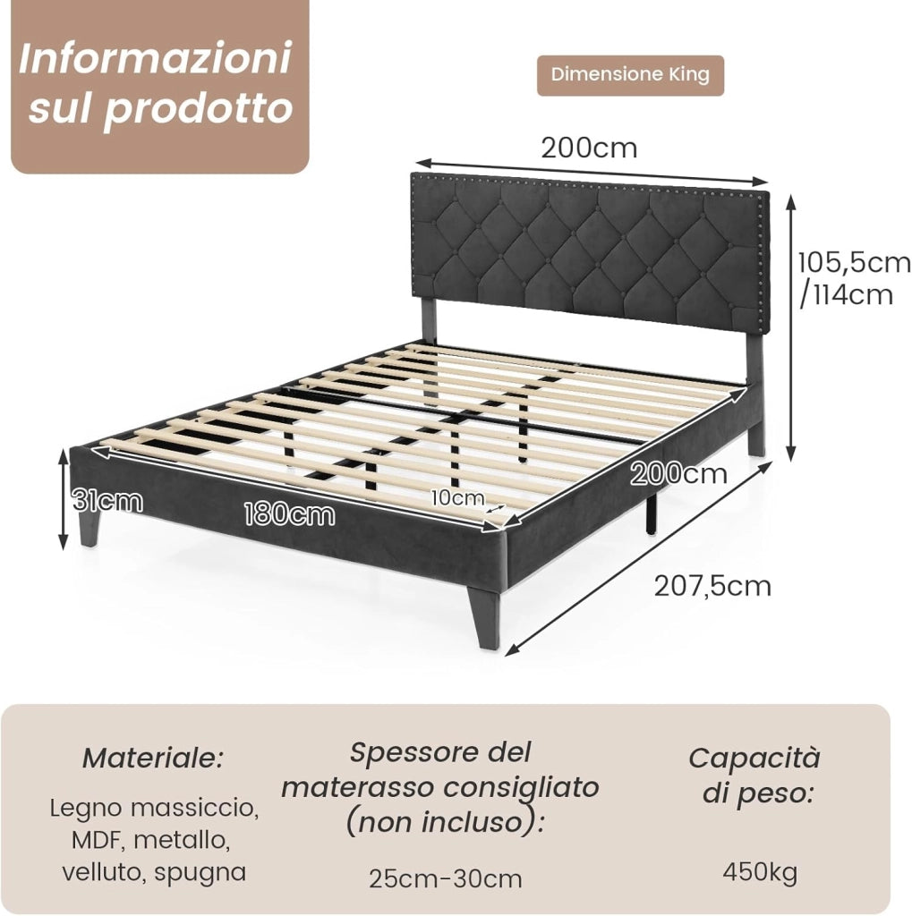 Letto Matrimoniale 180 x 200 cm, Struttura Letto Moderna con Testiera Imbottita, Doghe in Legno, Silenzioso, Carico Massimo 450kg