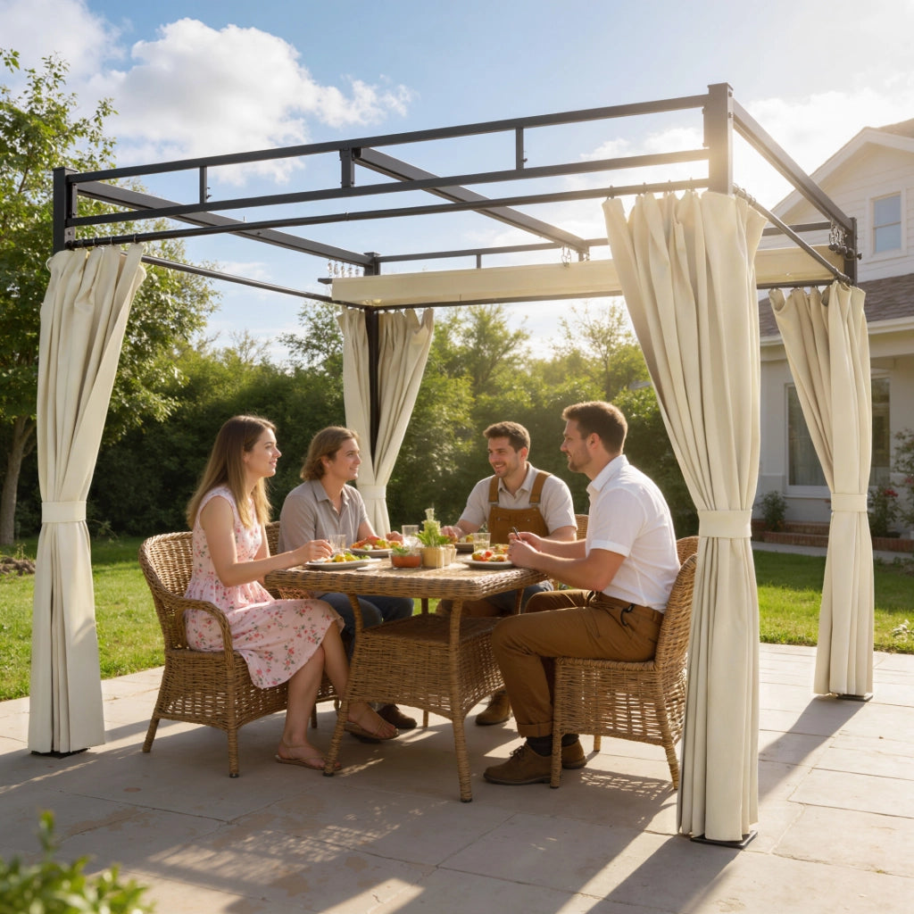 Pergola da Giardino con Tetto Retrattile e Tende ¨C zephmum ¨C Beige 3x3m