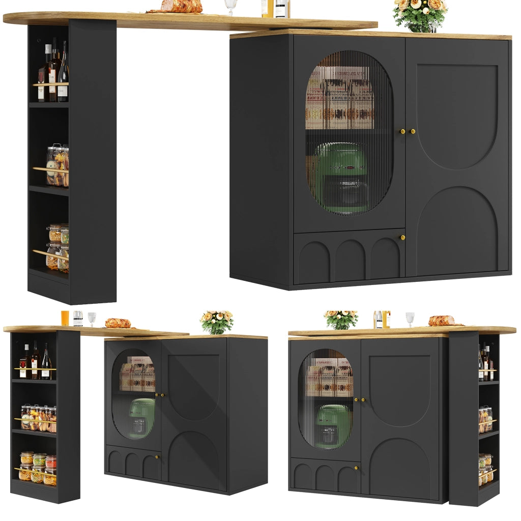 Carrello da Cucina con 3 Ante e Piano Girevole a 360°; Portasciugamani e Portaspezie; in MDF e Metallo; Nero; 138x39x105 cm