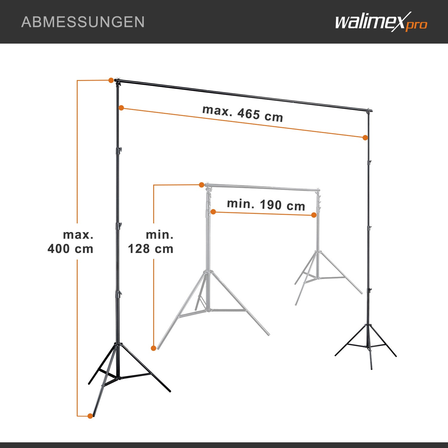 Sistema di sfondi XXL largo 190-465 cm, supporto per fondale fino a 400 cm di altezza, stativi per lampade con attacco spigot da 5/8", set di sfondi per fotografia, video e green screen
