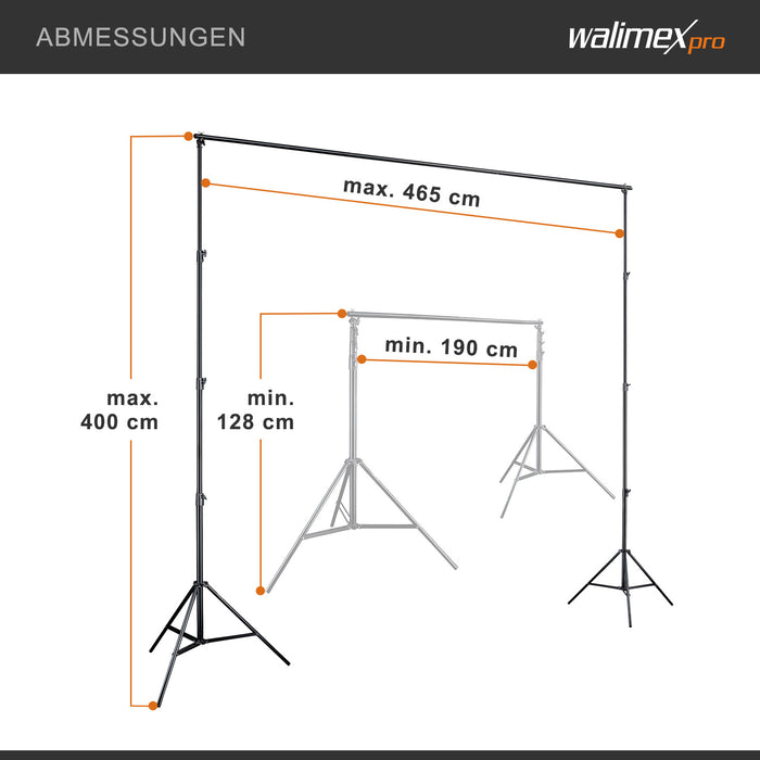 Sistema di sfondi XXL largo 190-465 cm, supporto per fondale fino a 400 cm di altezza, stativi per lampade con attacco spigot da 5/8", set di sfondi per fotografia, video e green screen