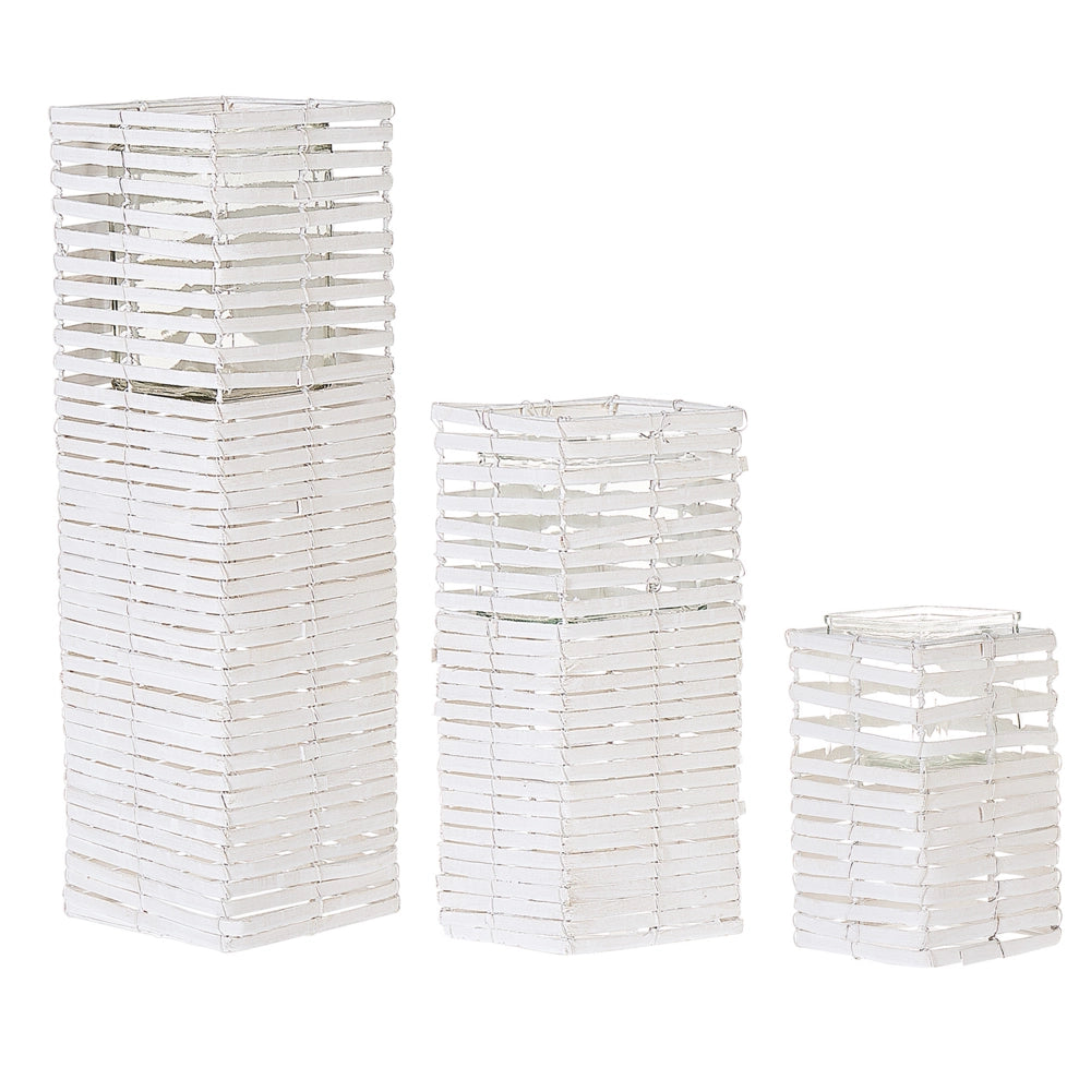 Set di 3 portacandele in legno di pioppo bianco portacandele in vetro di varie dimensioni design boho quadrato alto