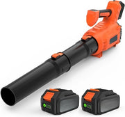 Accu Blower - Batteria Accu - Elettrico - 21V - Incluso 2 Pezzi - 5.2Ah Accu & Ricaricabile - Velocità 305 km/h - 600 CFM - 5 Nivele di Velocità - con Modalità Turbo - 34 x 15 x 26 - Arancione
