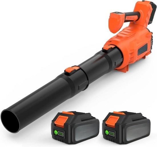 Accu Blower - Batteria Accu - Elettrico - 21V - Incluso 2 Pezzi - 5.2Ah Accu & Ricaricabile - Velocità 305 km/h - 600 CFM - 5 Nivele di Velocità - con Modalità Turbo - 34 x 15 x 26 - Arancione