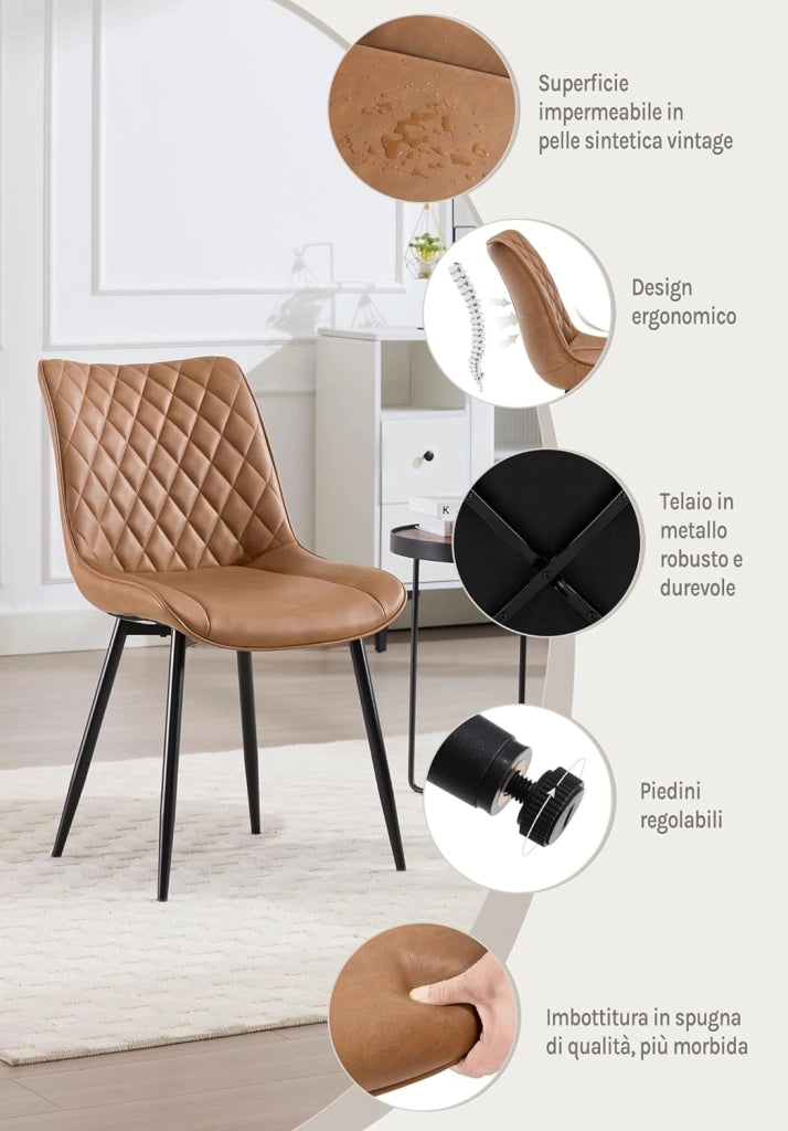 set di 2 sedie cucina moderne sedie imbottite Adatte per Sala da Pranzo, Soggiorno, Camera da Letto Estetica in Ecopelle Marrone chiaro Metallo BH210hbr-2