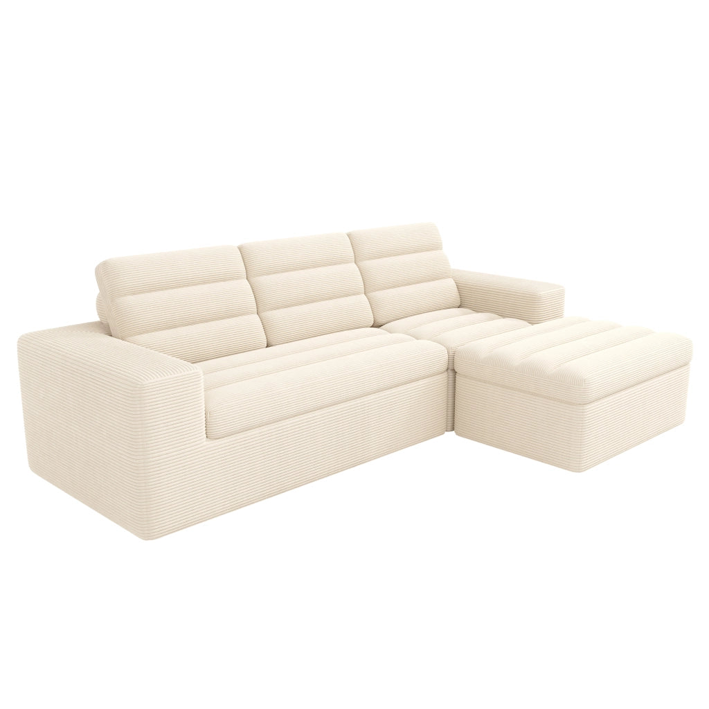 Divano angolare modulare a L in tessuto corduroy beige, senza struttura, 4-5 posti, con pouf