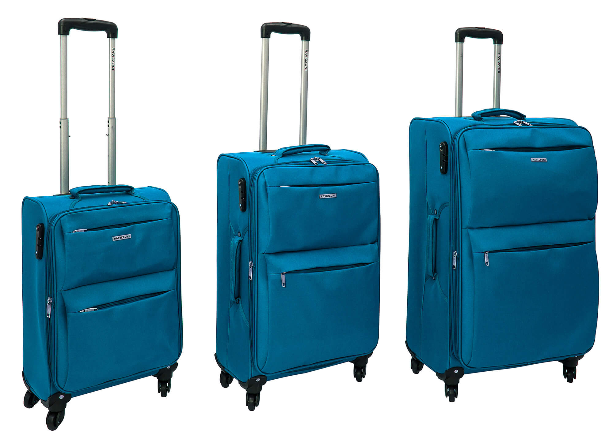 Set 3 Valigie Trolley Morbide in Poliestere 4 Ruote TSA Ravizzoni Singapore Blu Petrolio