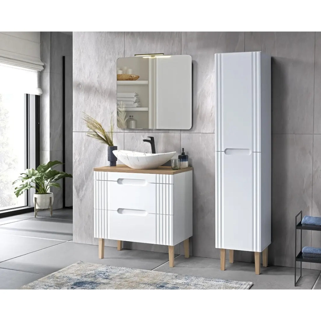 Mobile sottolavabo FIDJI 80 cm – Bianco alpino brillante – 2 cassetti – Fissaggio a muro o a pavimento