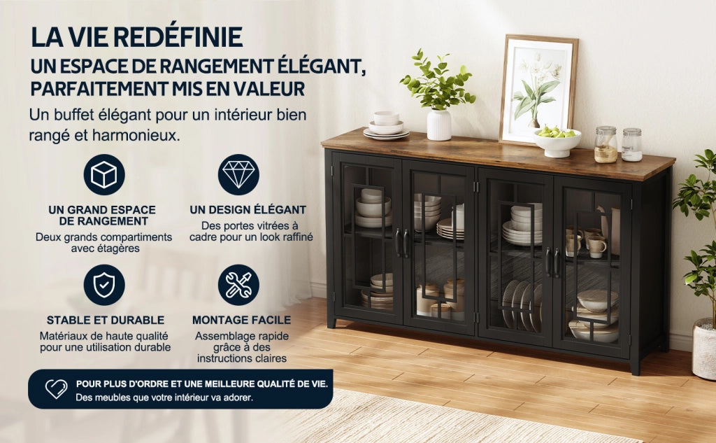 Credenza e madia con ante in vetro e 2 vani, piano effetto legno, per cucina e soggiorno, nero 160 × 40 × 86 cm