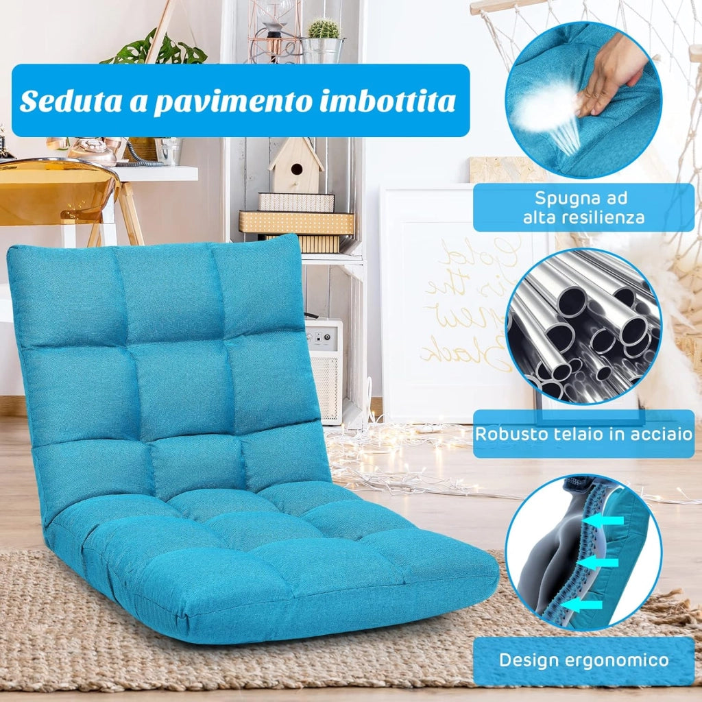 Sedia da Terra, Sedia da Pavimento con Posizioni Regolabili, Sedia Reclinabile Imbottita con Struttura in Acciaio Durevole, Facile da Conservare, Ideale per Salone Studio e Camera (Blu Pavone)