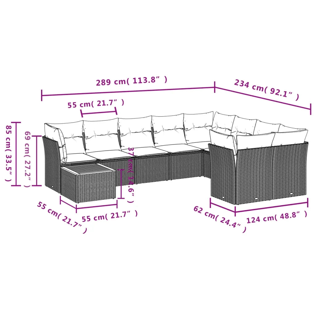 Set Divano da Giardino 10 pz con Cuscini Grigio in Polyrattan 3256158