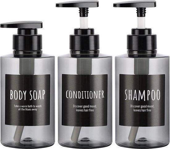 Set di flaconi per shampoo da 300 ml, 3 flaconi di plastica con erogatore per doccia, lattine da 300 ml per shampoo, bagnoschiuma, shampoon per capelli, set per hotel, set per bagno.