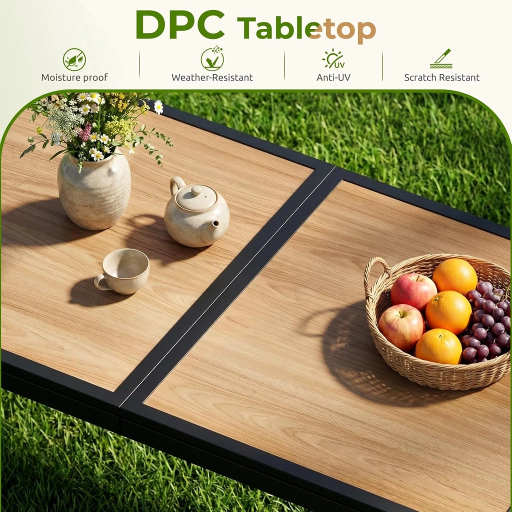 Tavolo da Giardino Grande 150×80×72cm DPC, Tavolo da Balcone Rettangolare, Tavolo da Pranzo per Esterno con Struttura in Metallo e Piedini Antiscivolo, per 4-6 Persone, Nero