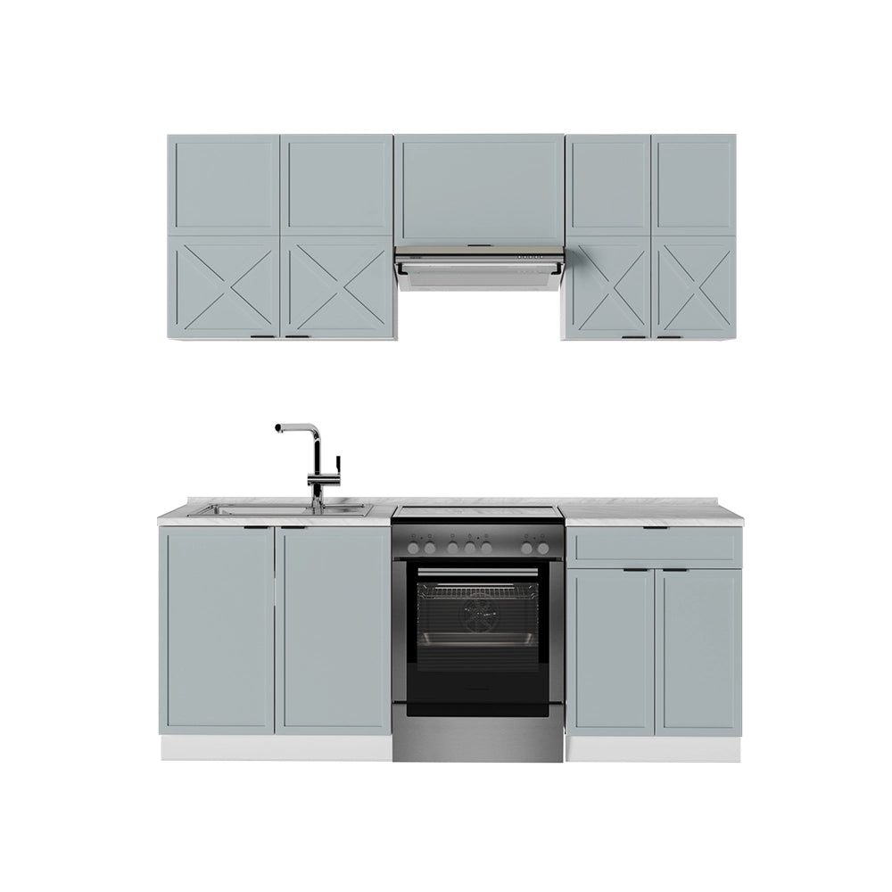 Cucina componibile Fame-Line Blu-grigio chiaro/Bianco 200 cm, PL Marmo Vicco