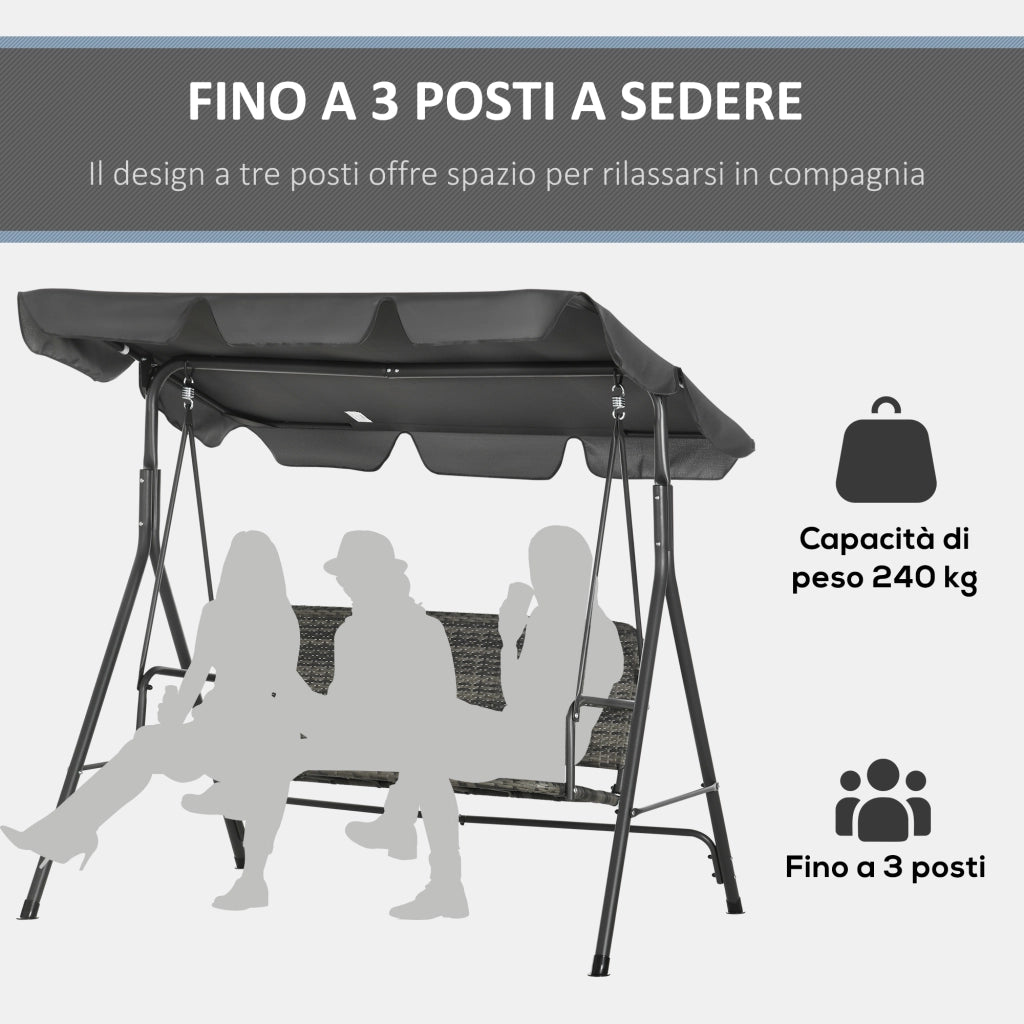 Dondolo da Giardino 3 Posti con Tettuccio ¨C zephmum ¨C Grigio Scuro, Rattan PE, 167x112x153cm