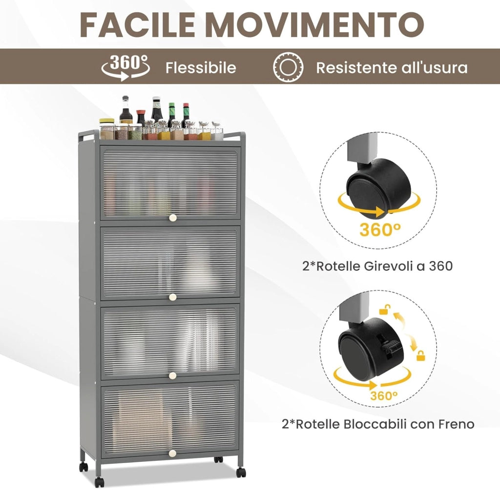 Armadio da Cucina a 5 Piani, Mobile per Microonde con Porte PC a Scomparsa, con 4 Ruote Girevoli, per Sala da Pranzo Soggiorno e Studio, 60x32x154 cm (Grigio)