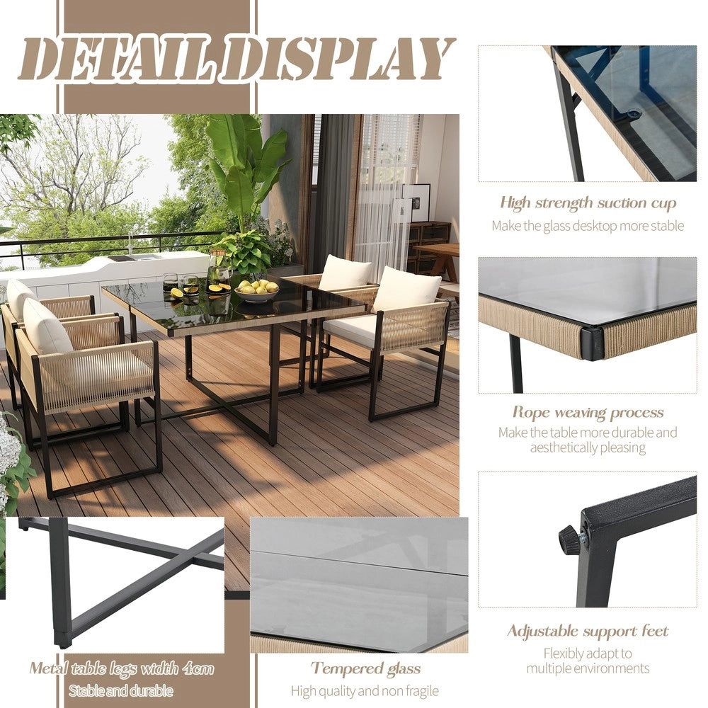 Set Pranzo da Giardino 5 Pezzi ¨C Xylo ¨C Tavolo con Vetro Temperato, 4 Sedie, Telaio in Ferro