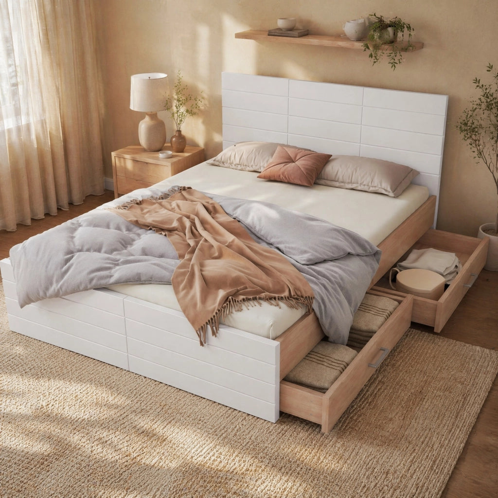 Letto matrimoniale 140x200 cm in legno massiccio e MDF; bianco e rovere con 2 cassetti