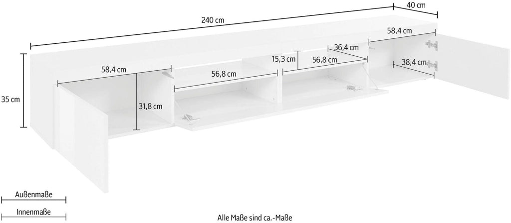 Mobile Tv 3 Ante e Ripiano a Giorno 240x40x35 cm Essential 2A 1R Bianco Lucido