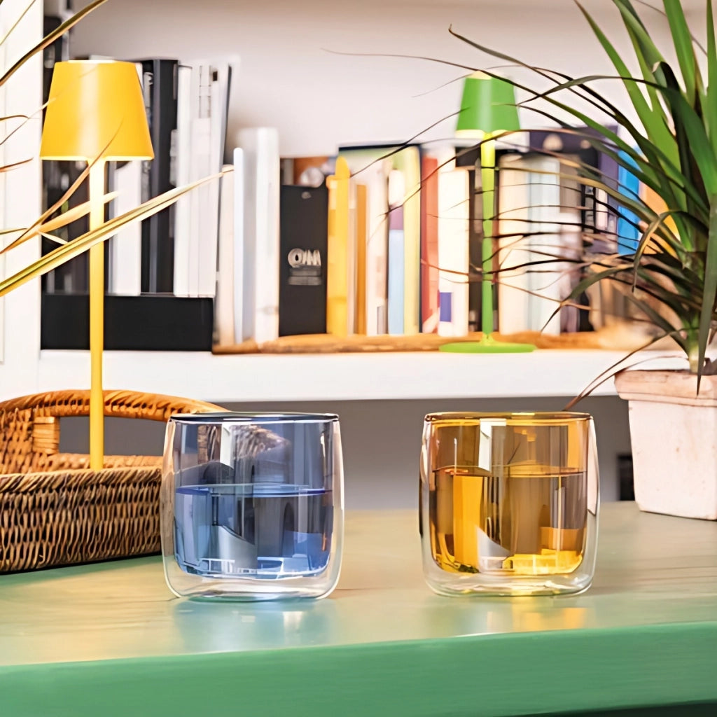 No Bilia Set 4 Bicchieri Tumbler Vetrocamera Trasparente e Verde Lago, Design a Doppia Parete in Vetro Borosilicato Soffiato a Mano, Moderni