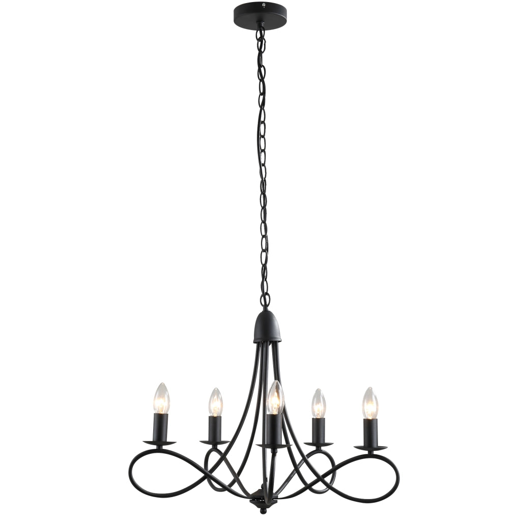 Lampadario a Soffitto Stile Rustico, Acciaio Intrecciato Nero con 5 Candelieri Regolabili e Pieghevoli §¶58 x 45cm