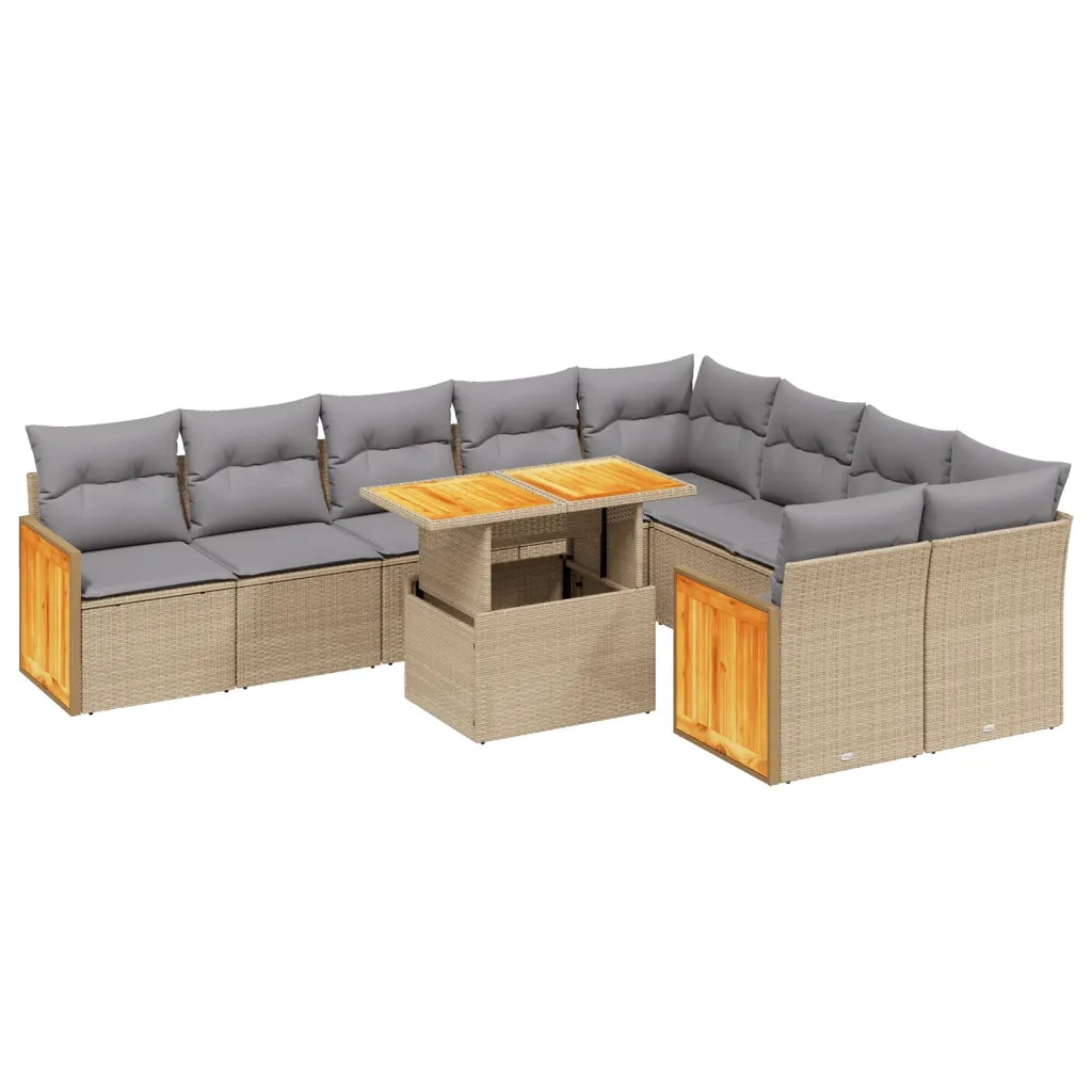 Set Divano da Giardino 10 pz con Cuscini Beige in Polyrattan