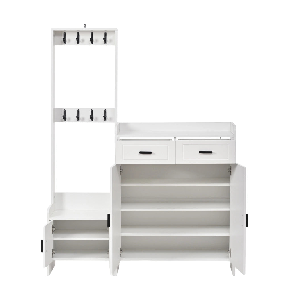 Garderobiera 125x36x165 cm con 8 ganci; 2 ante; 2 cassetti e 6 ripiani in MDF e truciolato bianco