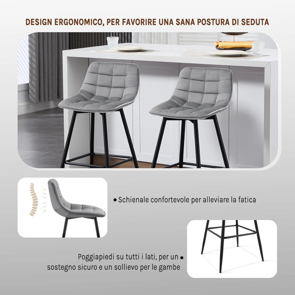 Set di 6 Sgabelli da Bar Moderni Sedia da Cucina con Schienale Poggiapiedi Rivestimento in Velluto Grigio Chiaro, Gambe in Metallo BH143hgr-6