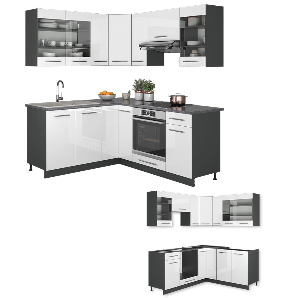 Cucina angolare completa Fame-Line Bianco lucido/Antracite 190 x 60 cm, PL Marmo Vicco