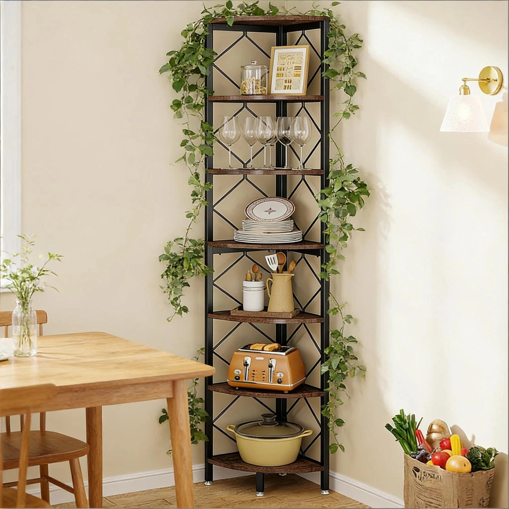 Scaffale angolare slim a 7 ripiani per piccoli spazi, design salvaspazio in metallo e legno, colore Nero/Marrone